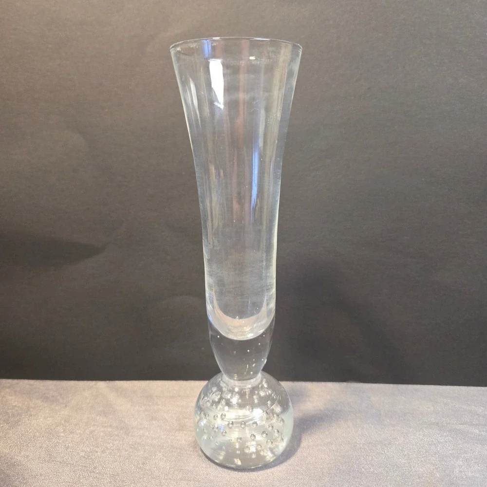 Hand Blown Art Glass Bud Vase Flower Base Controlled Bubbles Clear‎